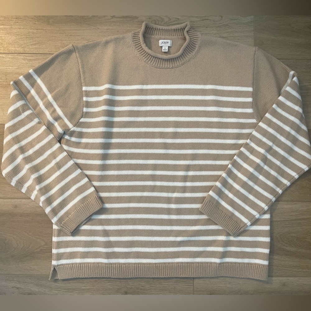 J. Crew Factory Classic Roll Neck Beige and White Striped Sweater